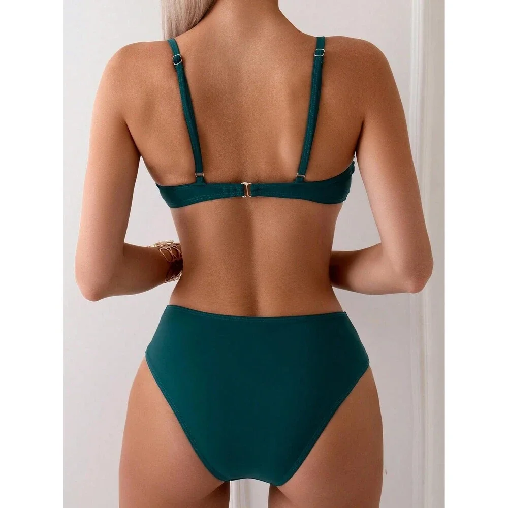 Fanuerg Women's Teal Blue Ruched Bikini Sets U-wire Linked Two Piece Swimsuit L